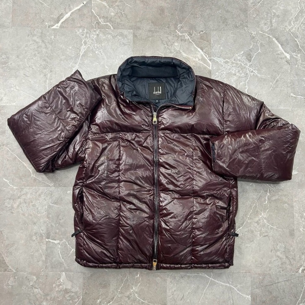 DUNHILL PUFFER JACKET WOMENS LARGE GOOSE DOWN MAROON BURGUNDY FULL ZIP QUILTED